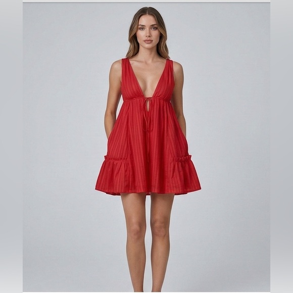 By Design Dresses & Skirts - Ethereal 100% Cotton Deep V-Neck Babydoll Mini Dress Red
